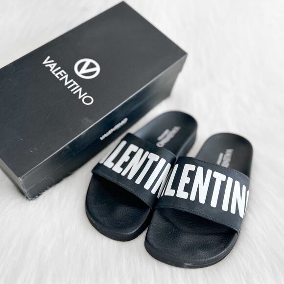 Valentino by Mario Valentino Gaia Pool Slide in Size 7 Black Spell Out $299 - Picture 1 of 9